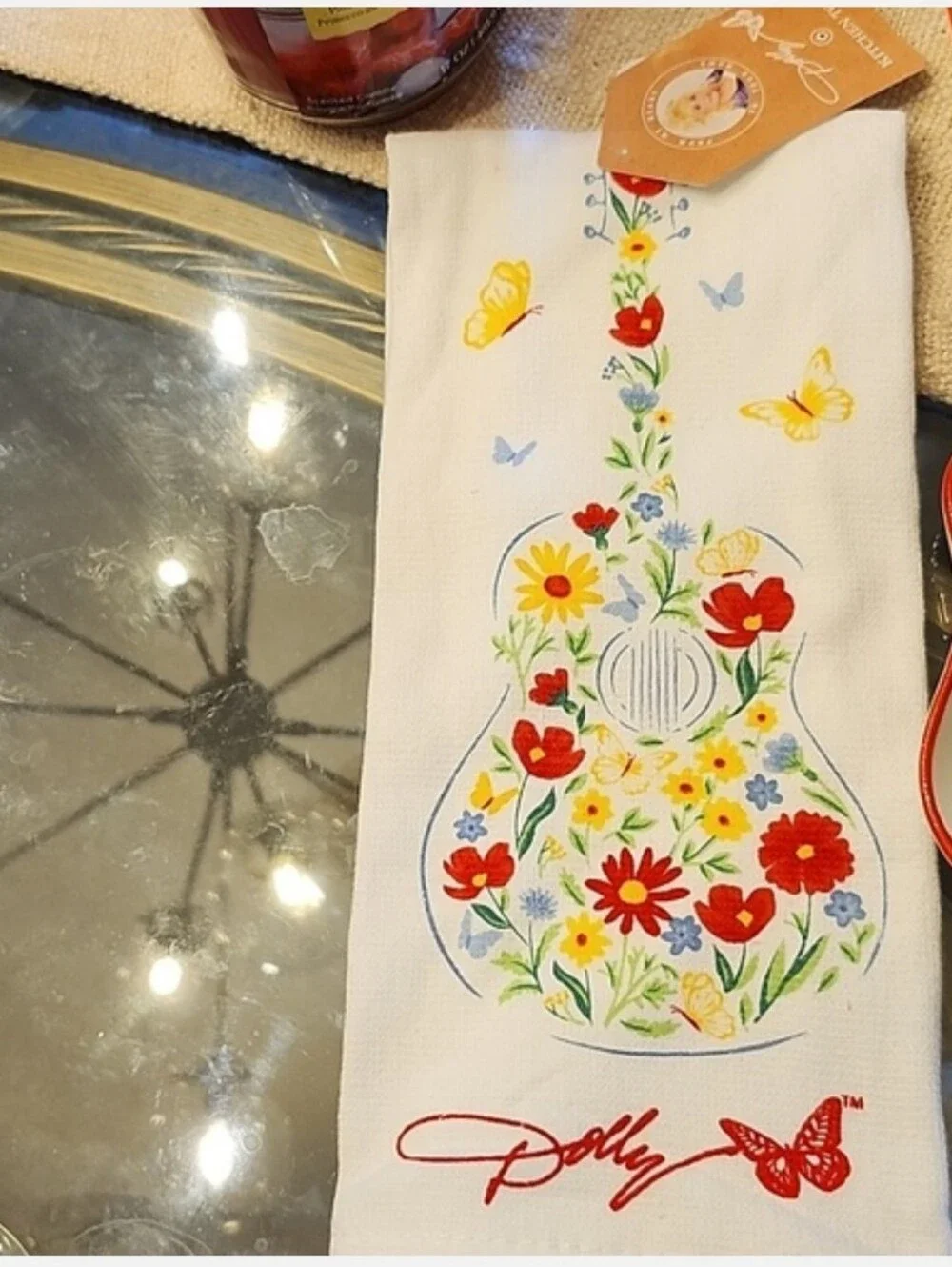 Dolly Parton White Cotton Kitchen Towel Guitar w/Red, Yellow & Blue Floral NWT